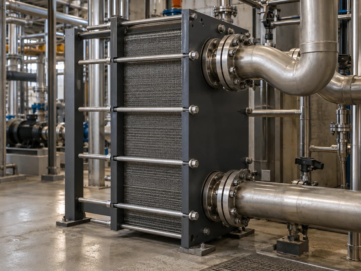 Representative Plate Heat Exchangers with stainless steel frame and process connections