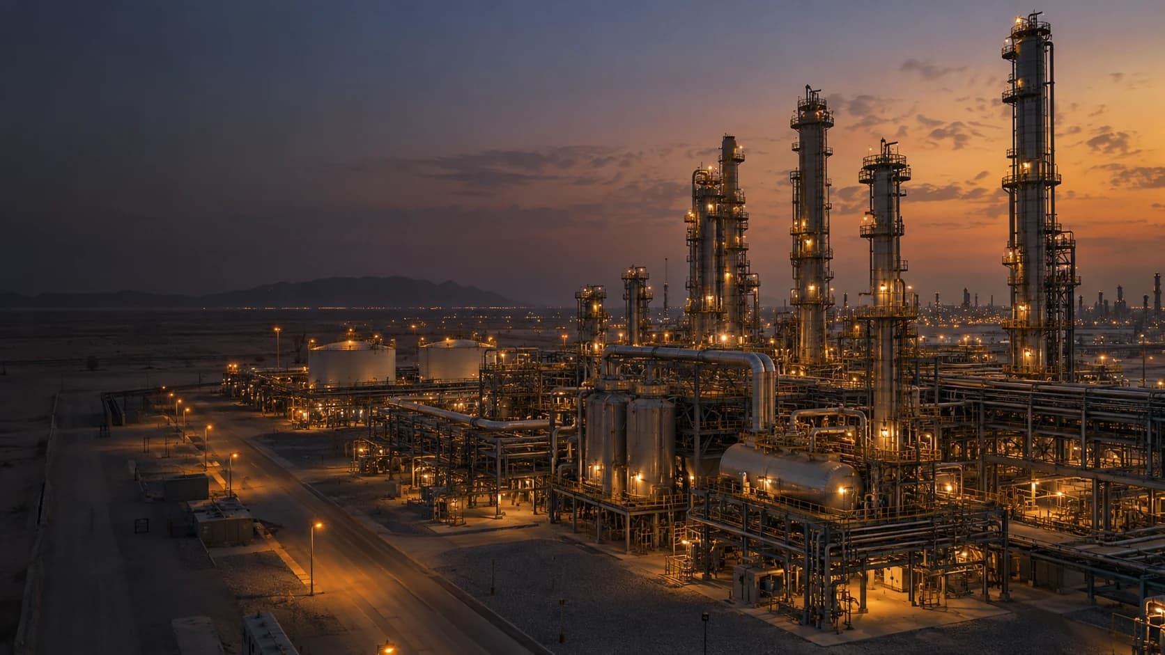 Representative industrial process installation with process towers and utility pipework